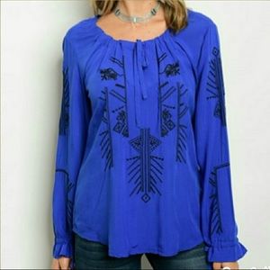 Boho Cobalt Blue Embroidered Blouse
